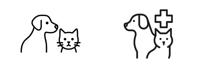 Dogs and cats together representing companionship and veterinary care in a minimalist style