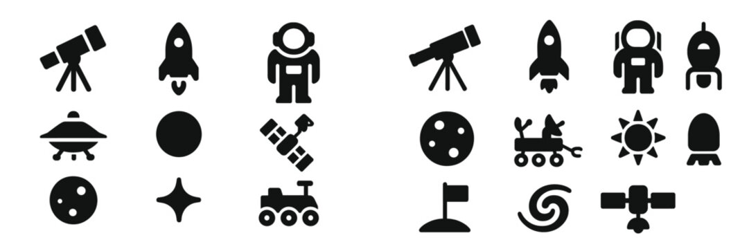 Various space exploration icons depicting activities and equipment in a black and white design