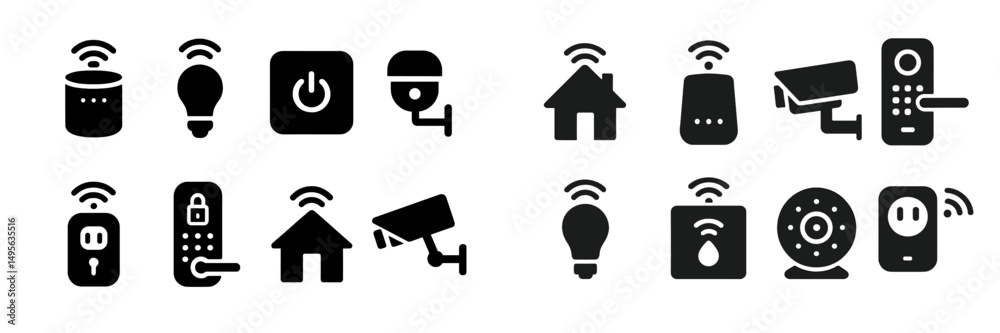 Poster Smart home device icons for automation and security applications displayed in a modern, digital format