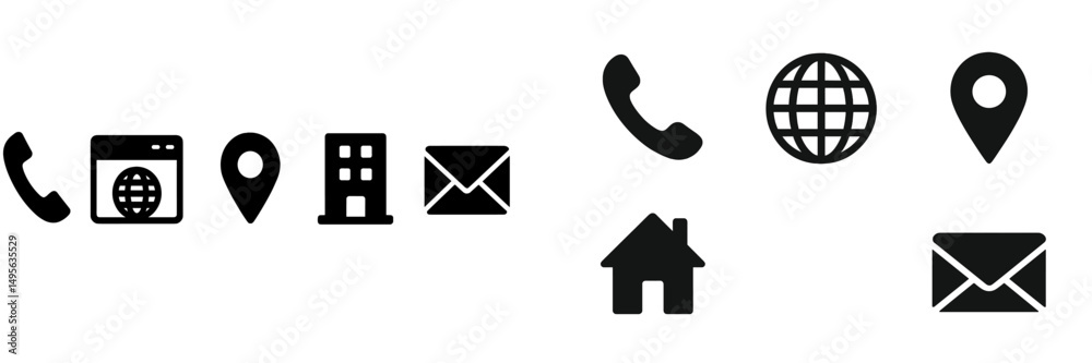 Aufkleber set of simple black icons representing communication, location, and digital interaction on a white b