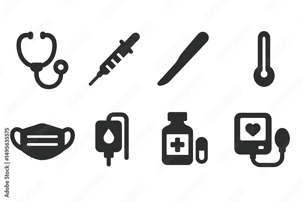 Aufkleber healthcare symbols representing various medical tools and procedures in a simple design on a light b