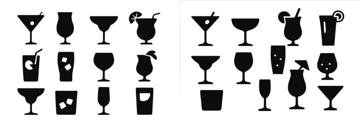 Silhouettes of various cocktail glasses and drinks showcasing different shapes and styles for bar or restaurant use