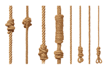 Various arrangements of knotted and straight brown ropes displayed against a black background evenly spaced