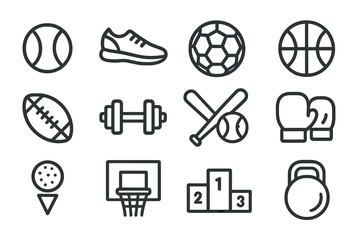 Collection of various sports equipment and fitness icons for athletic activities promotion and education