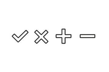 Simple symbols representing confirmation, negation, addition, and subtraction for educational illustration