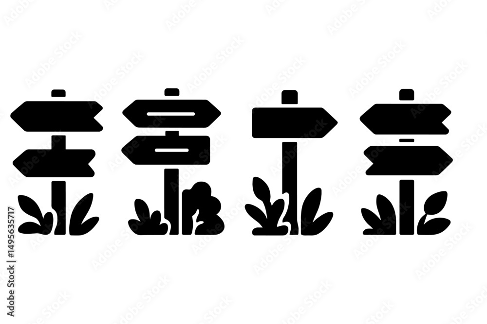 Poster various directional signs with stylized design against a plain background featuring plant elements r