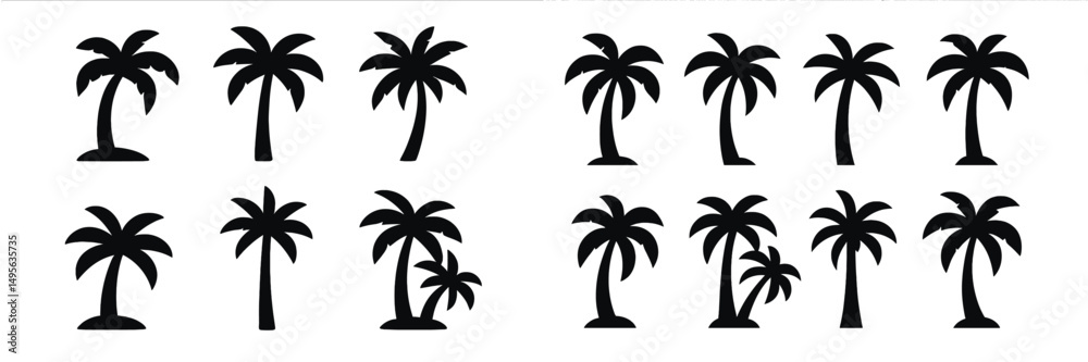 Poster Various silhouettes of palm trees displayed in a pattern suitable for tropical-themed design and decoration