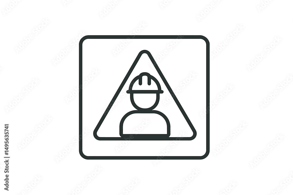 Poster safety sign indicating construction area with worker silhouette and hard hat design in clear triangu