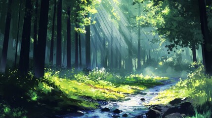 Obraz premium Sunlit Forest Stream Digital Painting