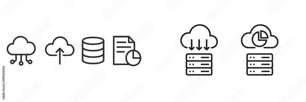 Poster cloud technology symbols representing data upload, storage, and analysis across different types of d