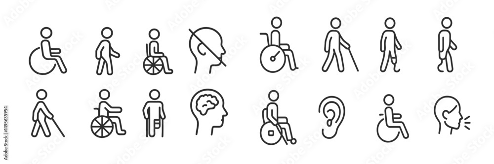 Poster Symbols representing various disabilities and accessibility options for inclusive design and communication