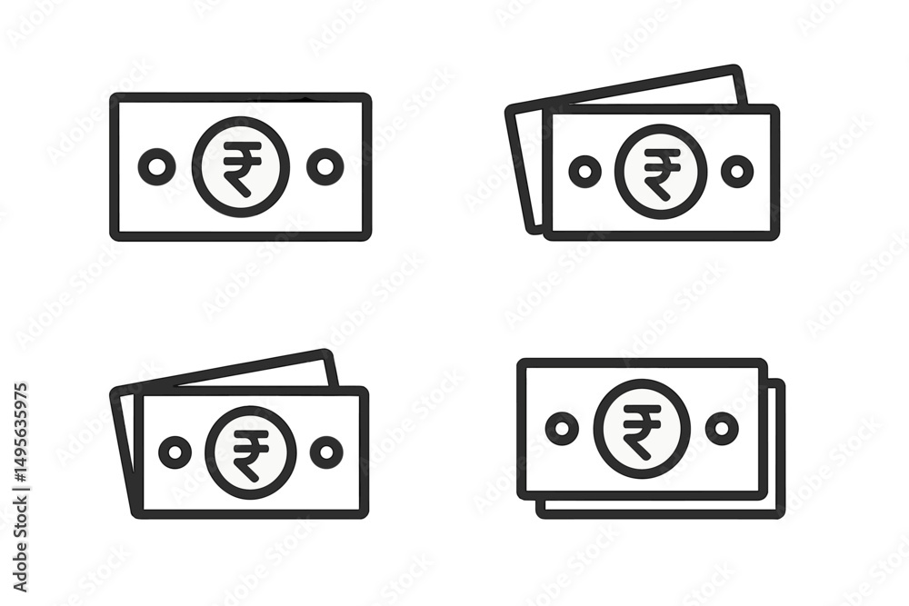 Poster different denominations of currency notes shown in a simple line drawing illustration with clear sym