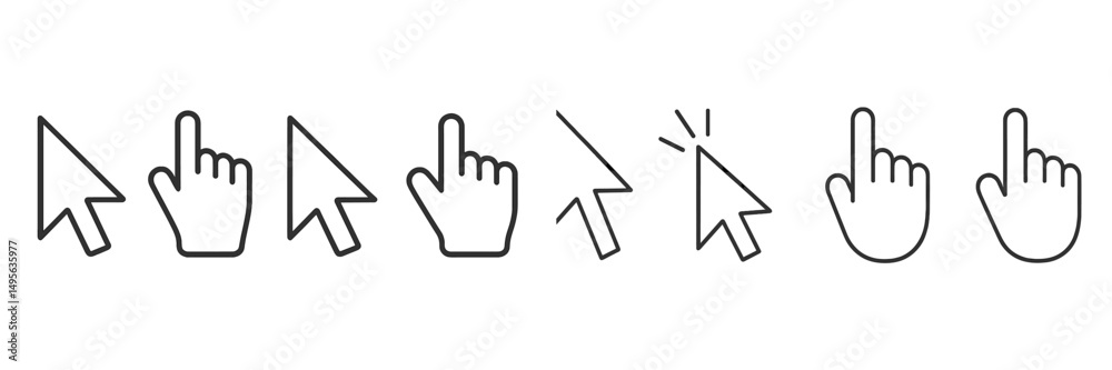 Poster various hand and cursor icons designed for digital interaction in user interfaces to enhance navigat
