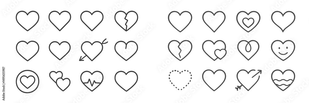 Poster unique collection of heart symbols illustrating emotions and relationships in a minimalist style