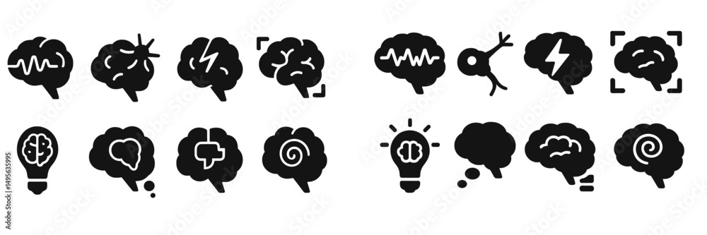 Poster various brain icons representing different emotions and thoughts in a minimalist black and white des