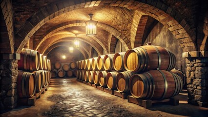 Aged Oak Barrels in a Majestic Stone Cellar, a Vintage Winemaking Atmosphere