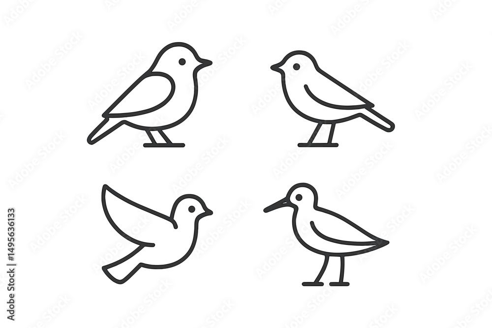 Aufkleber four minimalist bird illustrations featuring various poses and styles on a clean background