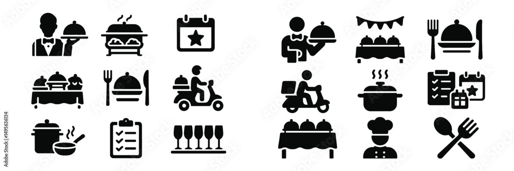 Poster restaurant service icons depicting various activities related to dining and food delivery in a moder