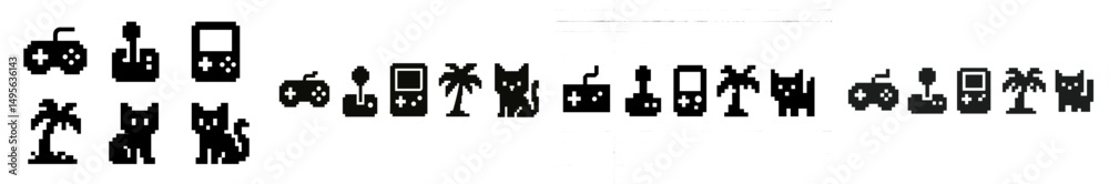 Poster Pixel art cats and objects arranged in a playful sequence showcasing a variety of simplified shapes and designs