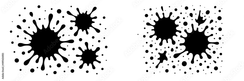Poster black ink splashes create a dynamic pattern on a white background in a creative artwork display