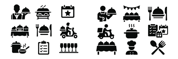 Restaurant service icons depicting various activities related to dining and food delivery in a modern setting