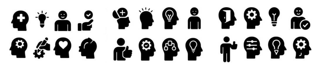 Black and white icons representing various aspects of mental health and personal growth