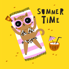 Summer time card with  cute cat on yellow backgrounds. Vector