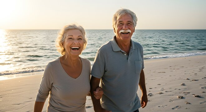 Happy Senior Couple Enjoying a Romantic Stroll on the Beach at Sunset, Retirement Lifestyle, Beach Vacation, Golden Years, Active Aging