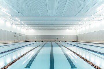 Empty indoor swimming pool.  View from the center looking towards the far end.