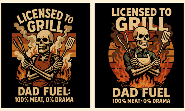 Licensed to Grill Skeleton Dad Fuel 100% Meat BBQ T-Shirt Vector Design Retro Skull “Licensed to Grill” BBQ Dad Fuel  tee Vector Illustration 