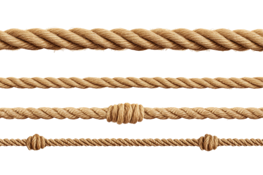 A detailed image showing four strands of brown rope arranged horizontally against a black background space