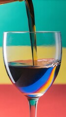 Dark liquid being poured into a glass against a colorful background