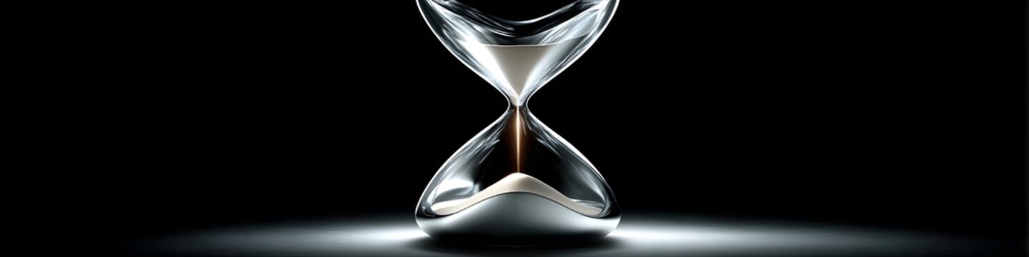 Timeless Elegance: An hourglass, delicately crafted, captures the ephemeral nature of time, its granules of sand flowing relentlessly against a stark black background.