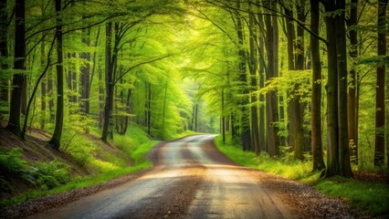 Fototapeta premium Sunlit Path Through Verdant Canopy of Trees, Winding Road in Lush Springtime Forest