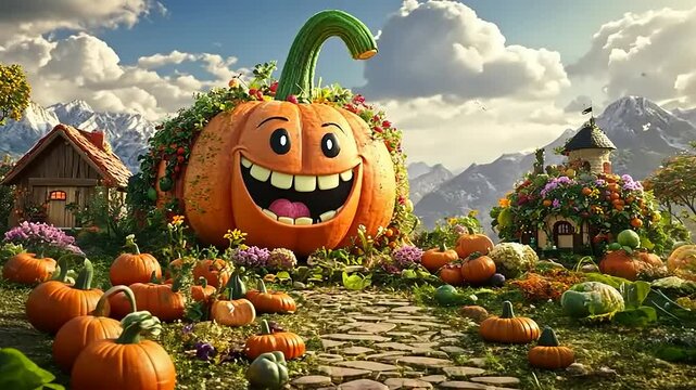 Whimsical pumpkin character surrounded by vibrant flowers and pumpkins in a picturesque landscape