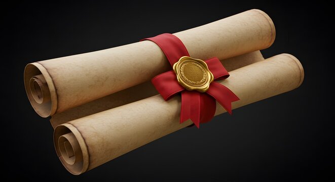 Ancient Scroll with Red Ribbon and Gold Seal 3D Render