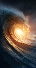 Surreal swirling ocean wave with golden glow in dark storm