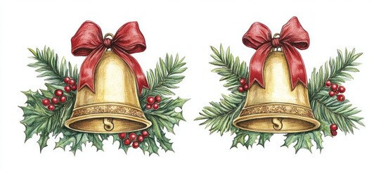 Vintage Christmas bells illustration with foliage, red ribbon bow, festive decoration