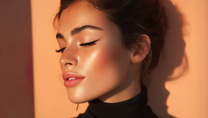 Close-up of serene woman in sunlight wearing black top