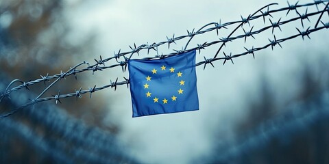 European Union flag on barbed wire, symbol of border security or geopolitical tension