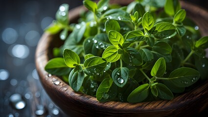 Fresh Oregano Leaves in Wooden Bowl Culinary Herb, Aromatic, and Medicinal