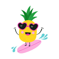 Сartoon pineapple is surfing in the sea, vector