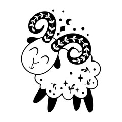 Fototapeta premium Black and white Aries Zodiac Sign - celestial horoscope design. Adorable hand drawn vector illustration in cartoon flat style.