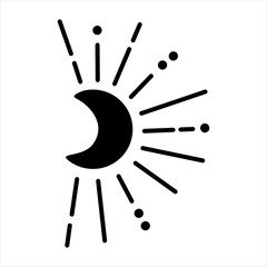 Mystical moon clipart in black and white color - Magical Celestial graphic, hand drawn vector illustration in flat style.