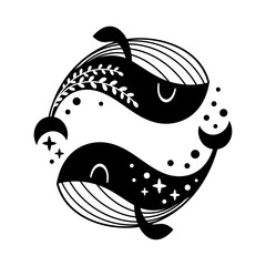 Pisces Zodiac Sign in black and white color - celestial horoscope design. Adorable hand drawn vector illustration in cartoon flat style.