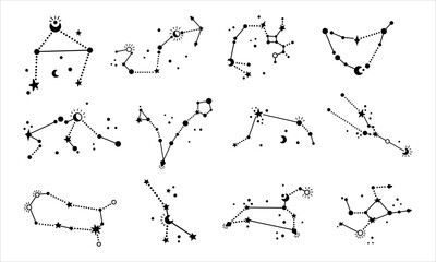 Black and white Zodiac Constellations clipart set. Celestial astrology doodle, vector hand drawn illustrations