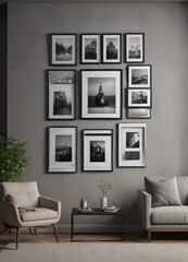 Empty black photo frames adorn a minimalist living room wall,  minimalist,  simple