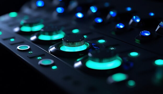 Close-up of illuminated control panel with knobs and buttons.