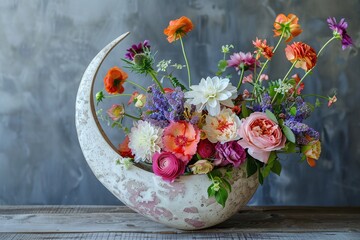 Dreamlike Vase Shaped Like A Crescent Moon Cradling A Colorful Blooming Floral Arrangement Varient 2