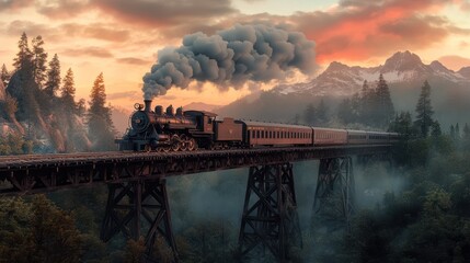 Nostalgic journey: steam train traversing bridge amid scenic mountain landscape